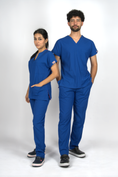 Saks Mavi Premium Flex Unisex Likralı Scrubs Doktor Hemşire Üniforma Takım