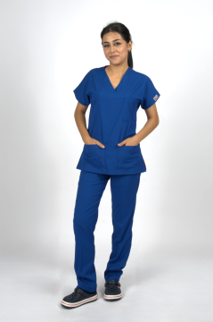 Saks Mavi Premium Flex Unisex Likralı Scrubs Doktor Hemşire Üniforma Takım