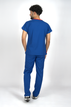Saks Mavi Premium Flex Unisex Likralı Scrubs Doktor Hemşire Üniforma Takım