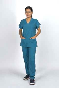 Petrol Yeşili Premium Flex Unisex Likralı Scrubs Doktor Hemşire Üniforma Takım