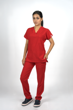 Kırmızı Premium Flex Unisex Likralı Scrubs Doktor Hemşire Üniforma Takım