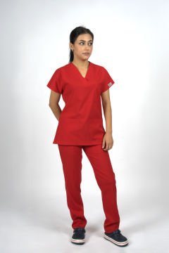 Kırmızı Premium Flex Unisex Likralı Scrubs Doktor Hemşire Üniforma Takım