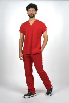 Kırmızı Premium Flex Unisex Likralı Scrubs Doktor Hemşire Üniforma Takım