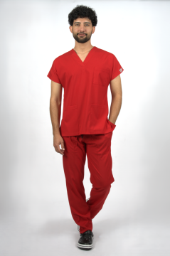 Kırmızı Premium Flex Unisex Likralı Scrubs Doktor Hemşire Üniforma Takım