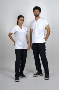 Beyaz/Lacivert Karma Flex Likralı Unisex Scrubs Doktor Hemşire Forma Takım