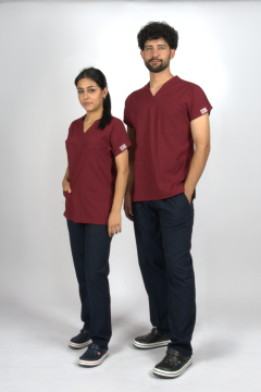 Bordo/Lacivert Karma Flex Likralı Unisex Scrubs Doktor Hemşire Forma Takım