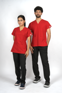 Kırmızı/Siyah Karma Flex Likralı Unisex Scrubs Doktor Hemşire Forma Takım