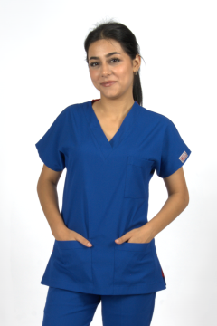 Saks Mavi Premium Flex Likralı Unisex Scrubs Doktor Hemşire Forma Üst
