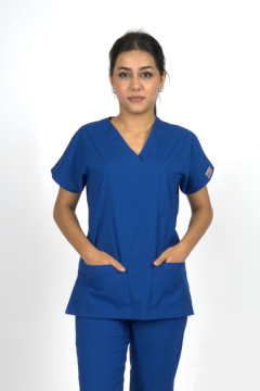 Saks Mavi Premium Flex Likralı Unisex Scrubs Doktor Hemşire Forma Üst
