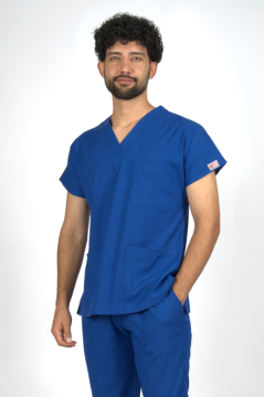 Saks Mavi Premium Flex Likralı Unisex Scrubs Doktor Hemşire Forma Üst