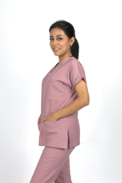 Gül Kurusu Premium Flex Likralı Unisex Scrubs Doktor Hemşire Forma Üst