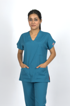 Petrol Yeşili Premium Flex Likralı Unisex Scrubs Doktor Hemşire Forma Üst