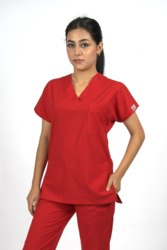 Kırmızı Premium Flex Likralı Unisex Scrubs Doktor Hemşire Forma Üst