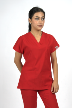 Kırmızı Premium Flex Likralı Unisex Scrubs Doktor Hemşire Forma Üst