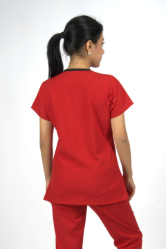 Kırmızı Premium Flex Likralı Unisex Scrubs Doktor Hemşire Forma Üst