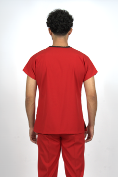 Kırmızı Premium Flex Likralı Unisex Scrubs Doktor Hemşire Forma Üst