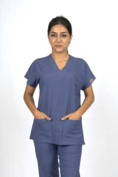 Fırtına Mavi Premium Flex Likralı Unisex Scrubs Doktor Hemşire Forma Üst