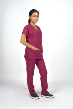 Vişne Çürüğü Premium Flex Unisex Likralı Scrubs Doktor Hemşire Üniforma Takım