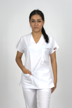 Beyaz Premium Flex Likralı Unisex Scrubs Doktor Hemşire Forma Üst