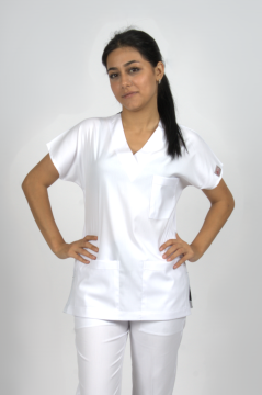 Beyaz Premium Flex Likralı Unisex Scrubs Doktor Hemşire Forma Üst