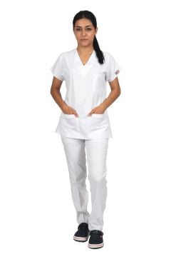 Beyaz Premium Flex Unisex Likralı Scrubs Doktor Hemşire Üniforma Takım