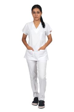 Beyaz Premium Flex Unisex Likralı Scrubs Doktor Hemşire Üniforma Takım