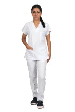 Beyaz Premium Flex Unisex Likralı Scrubs Doktor Hemşire Üniforma Takım