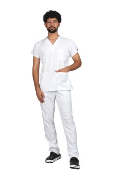 Beyaz Premium Flex Unisex Likralı Scrubs Doktor Hemşire Üniforma Takım