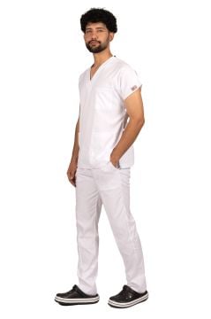Beyaz Premium Flex Unisex Likralı Scrubs Doktor Hemşire Üniforma Takım