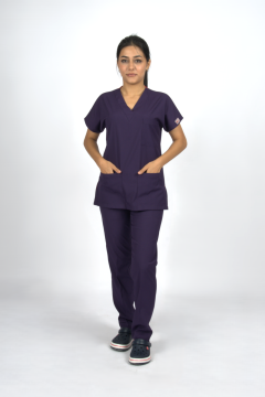 Mor Premium Flex Unisex Likralı Scrubs Doktor Hemşire Üniforma Takım