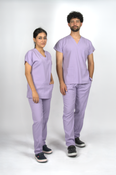 Lila Premium Flex Unisex Likralı Scrubs Doktor Hemşire Üniforma Takım