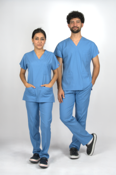 Deniz Mavisi Premium Flex Unisex Likralı Scrubs Doktor Hemşire Üniforma Takım