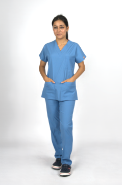 Deniz Mavisi Premium Flex Unisex Likralı Scrubs Doktor Hemşire Üniforma Takım