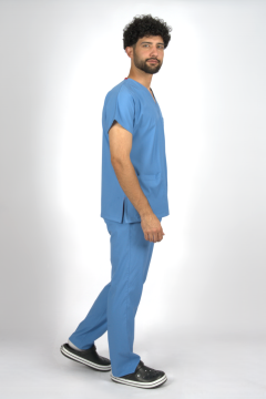 Deniz Mavisi Premium Flex Unisex Likralı Scrubs Doktor Hemşire Üniforma Takım