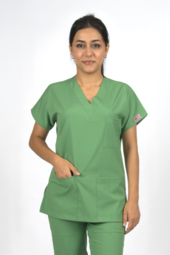 Çimen Yeşili Premium Flex Likralı Unisex Scrubs Doktor Hemşire Forma Üst